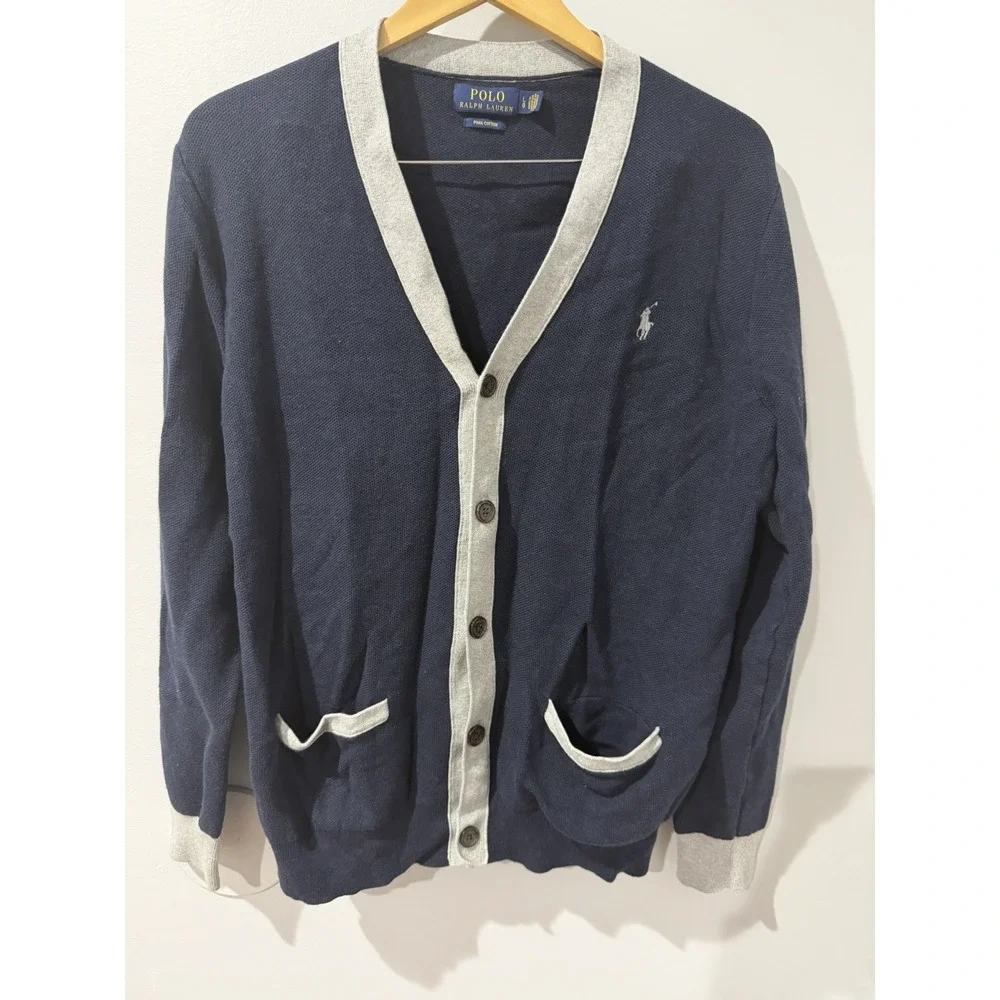 Polo Ralph Lauren Pima Cotton Varsity Sweater Men's Large‎ Blue Gray